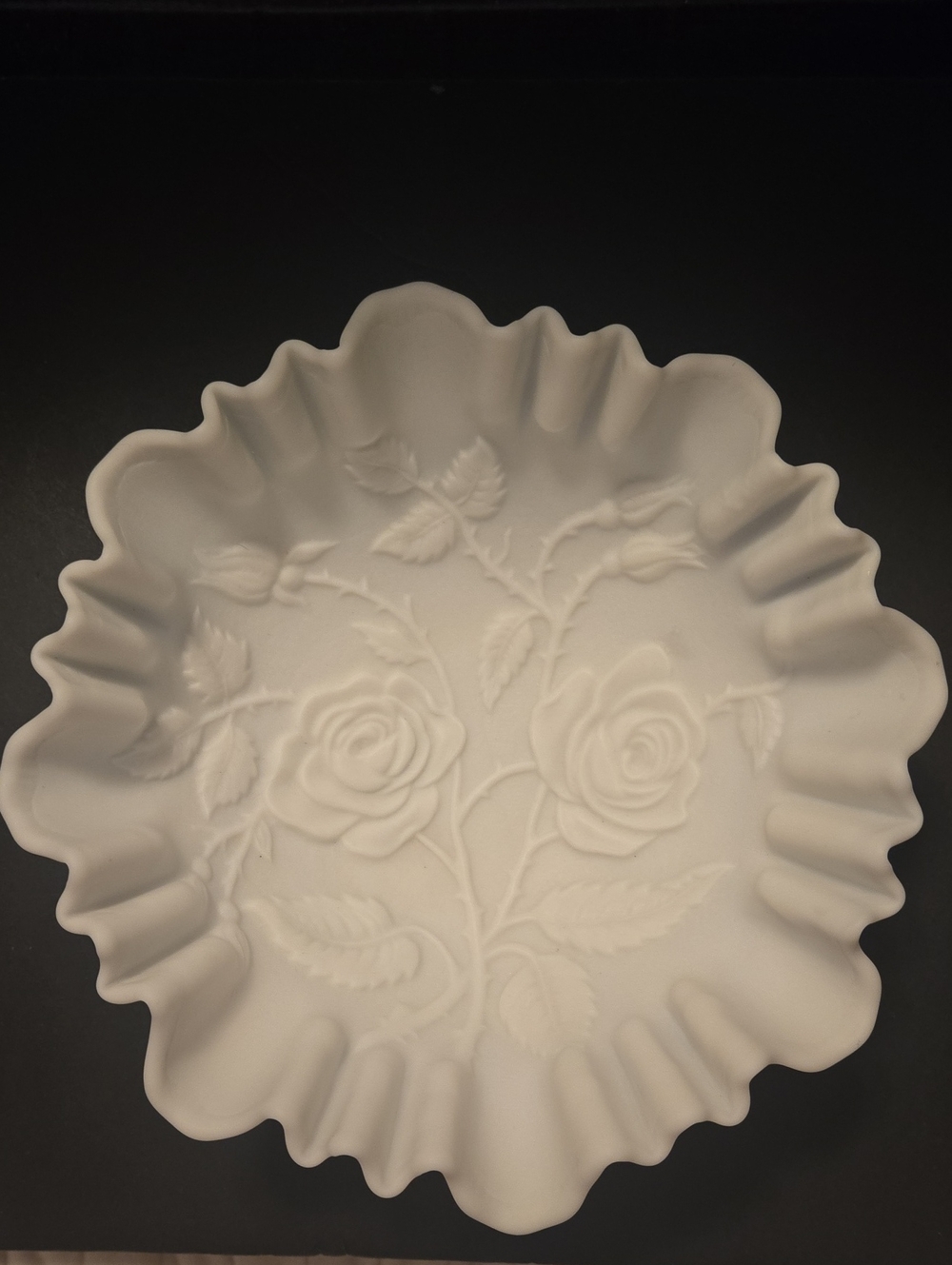 Vintage Imperial Milk Glass Decorative White Rose Embossed Ruffled Ceramic Bowl